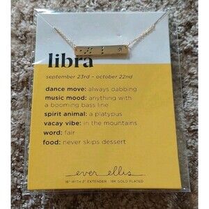 Libra Zodiac Bar Necklace 18K Gold Plated Ever Ellis 16" Sept 23 - October 22